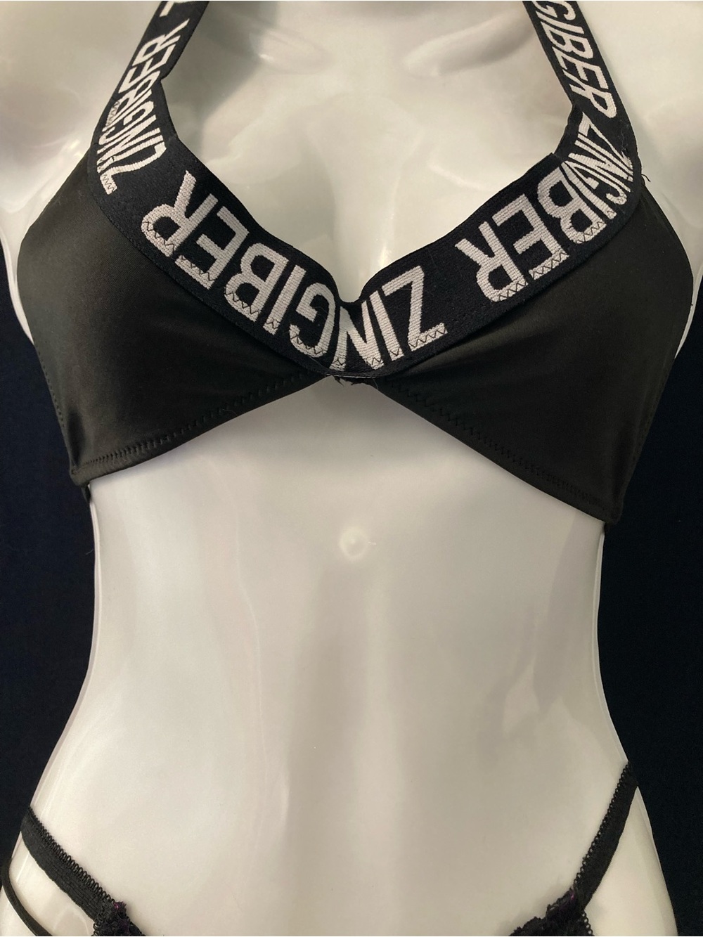 Zingiber Black Logo Bikini Top Y2K Halter Swimwear Small